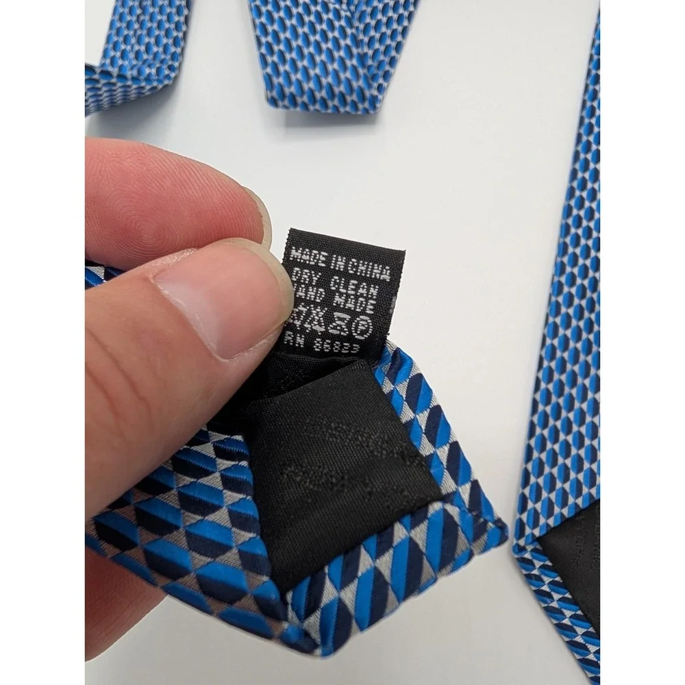 Bergamo New York Men's Necktie Blue Silver Geometric Jacquard Polyester Handmade